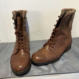 Women's 11‎ Brown Lace Up Combat Boots Faux Leather Side Zipper Edgy Military